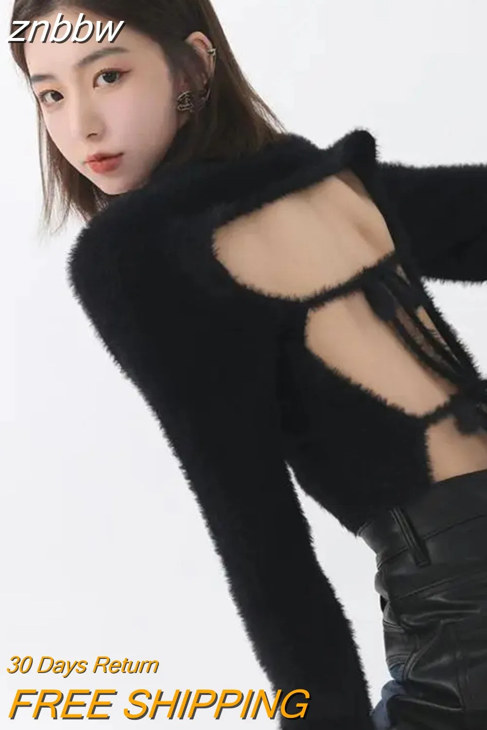 znbbw 2023 Winter Korean Style Slim Long Sleeve Mohair Sweater Women Sexy Backless Bandage Ladies Crop Top Fall Female Pullover - Image 2