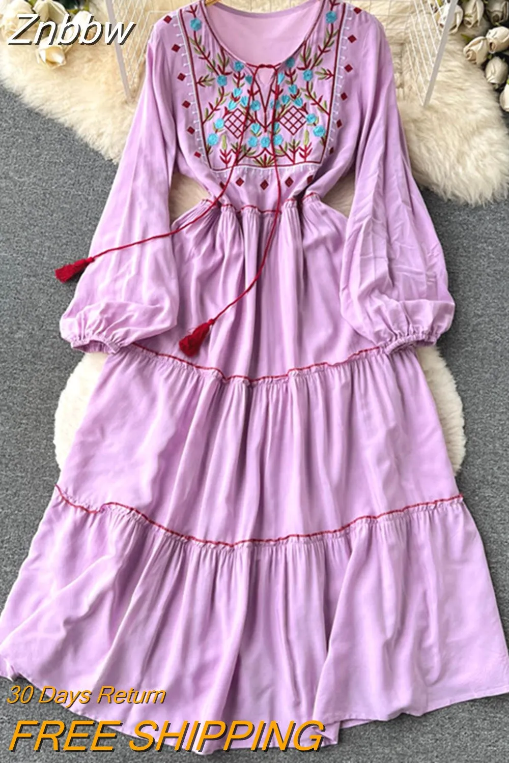 Znbbw Women Spring Autumn Dress Seaside Holiday Embroidered Round Neck French Waist Beautiful White Midit Vestidos D1693 - Image 6