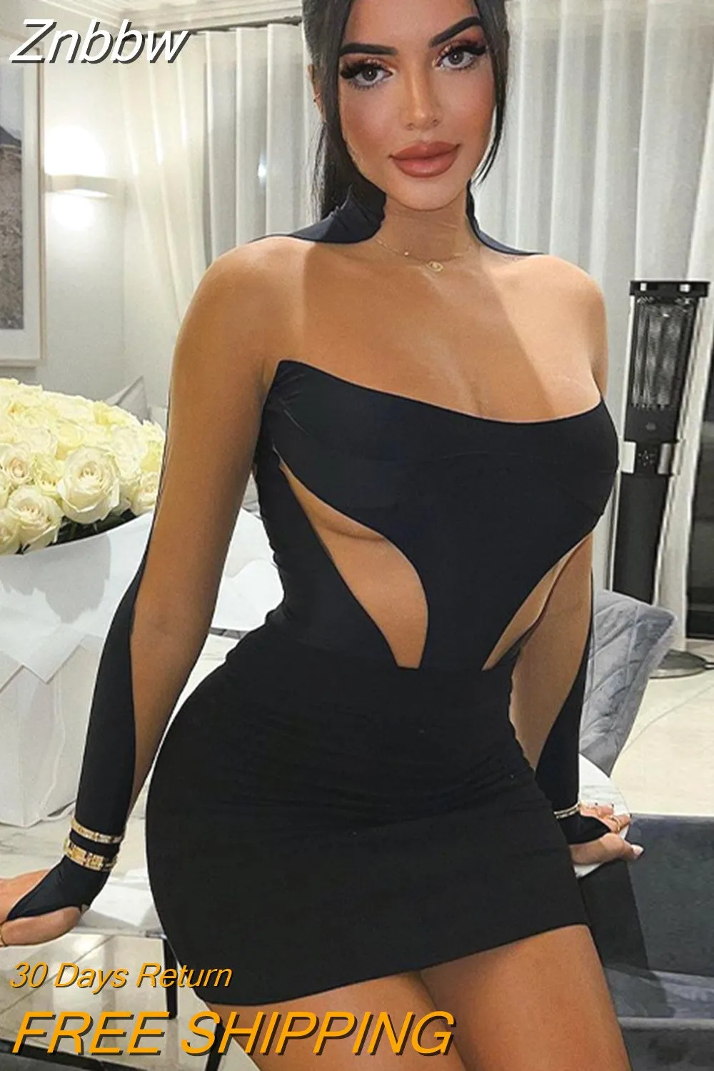 Znbbw Women Long Sleeve Mesh See Through Bodycon Party Club Black Mini Dress 2023 Fall Clothing Wholesale Items For Business - Image 2