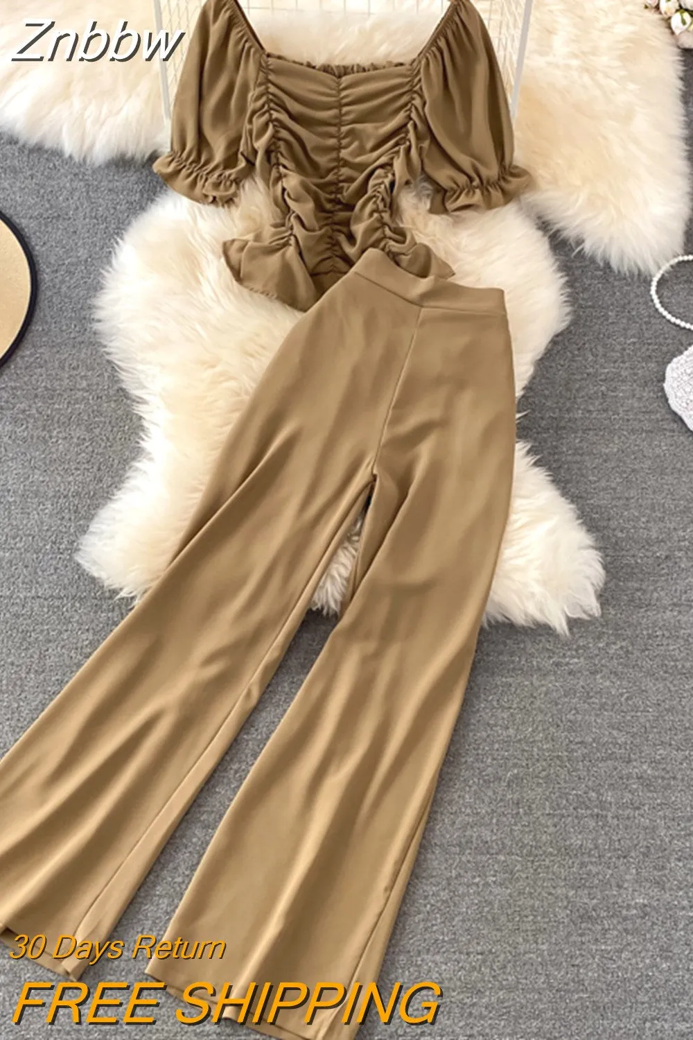 Znbbw Women Summer Fashion Casual Pants, High Waist Drape Wide Leg Pants, Square Collar Short Slim Blouse Two-piece Suit Female D0544 - Image 6