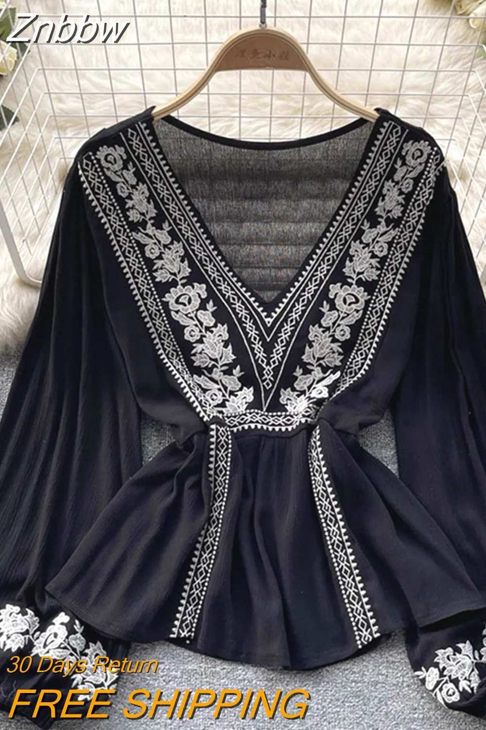 Znbbw Women Spring Summer Blouse French Minority Ruffle V-neck Lantern Sleeve Shirt Design Sense Printed Chic Temperament Top D2531 - Image 5