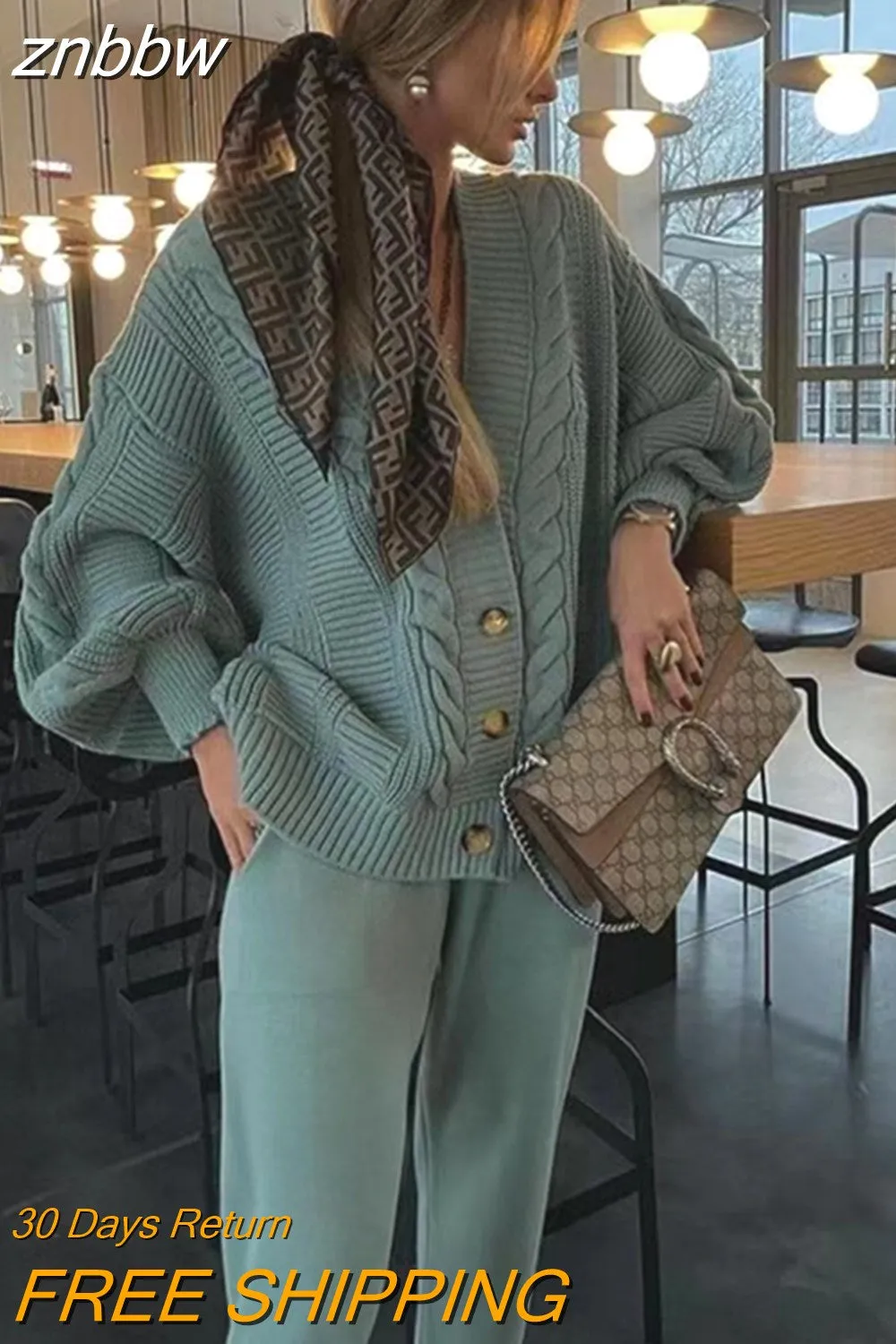 znbbw Women Knitting Two Pieces Sweater Suit Hemp Flower V-Neck Single-Breasted Cardigan + Pants Lady Winter Casual Sweater Set