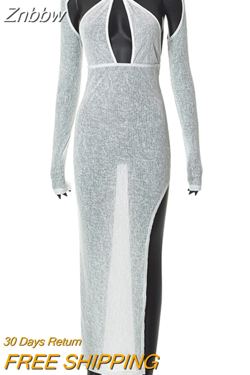 Znbbw Backless Cut Out Off Shoulder Long Sleeve Maxi Dress Women Mesh See Through Casual Party Vestidos 2023 Spring Fall - Image 4