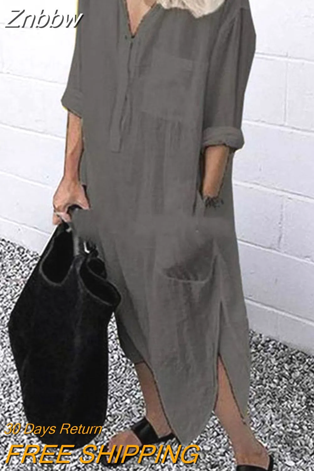 Znbbw Women Lapel Long Sleeve Shirt Dress Summer Solid Color Slit Pocket Button Shirt Female Casual Holiday Beach Party Loose Dresses - Image 4