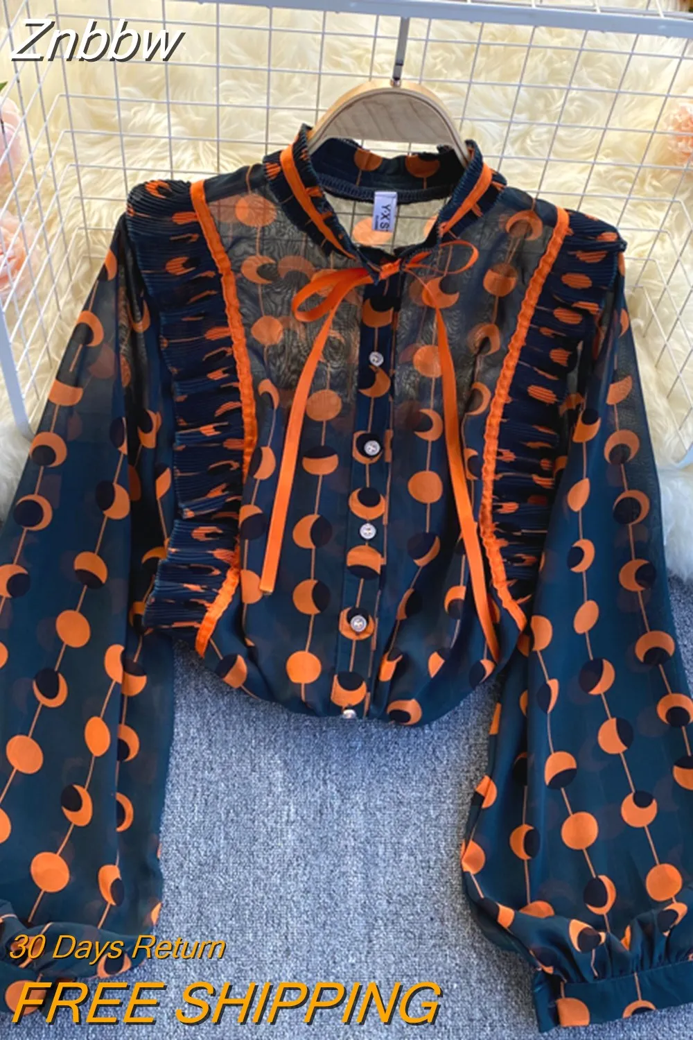 Znbbw Autumn Chiffon Blouse Female Pleated Wood Ear Slim Puff Sleeve Stand Collar Blusa Color Matching Polka Dot Shirt C433 - Image 4