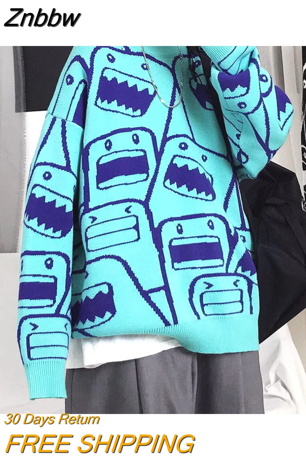 Znbbw and winter thickened sweater New cartoon trend Relaxed lazy style round neck knitting fashionable warm sweater - Image 2