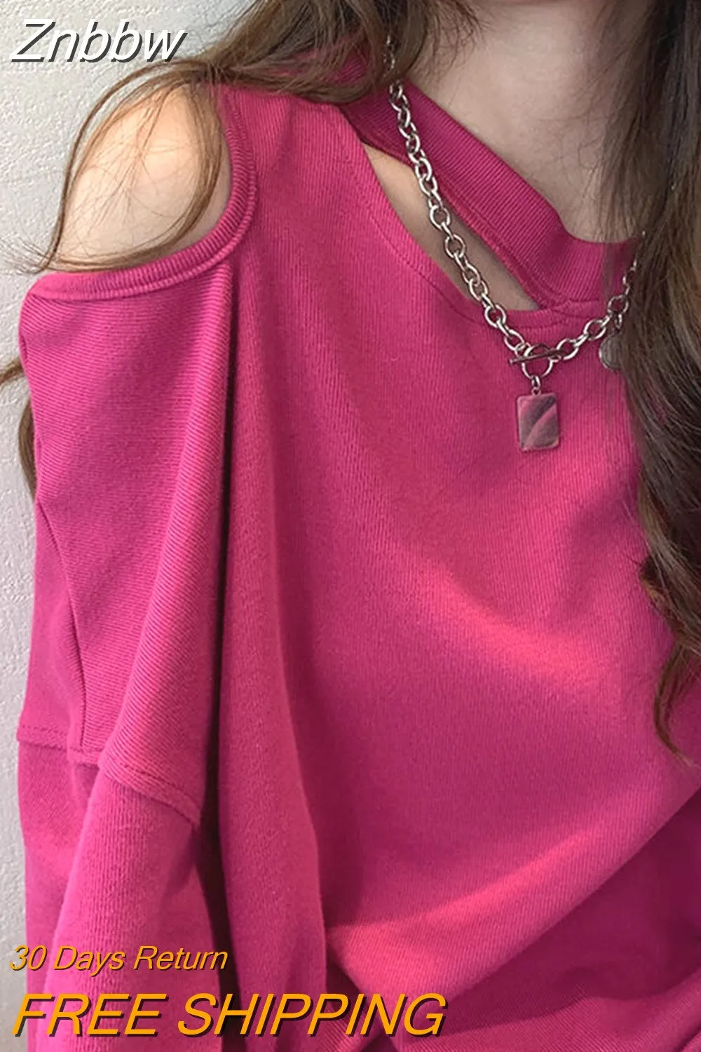 Znbbw Y2K Korean Style Pink Hoodies Women Sexy Off Shoulder Sweatshirts Green Loose Hollow Out All-match Crewneck Tops E-girl - Image 2