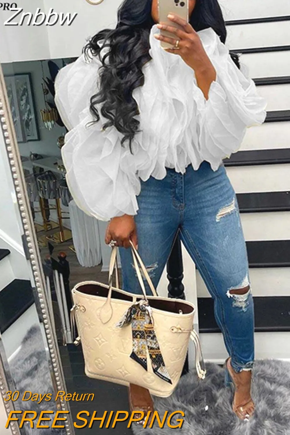 Znbbw Elegant Chiffon Puff Sleeve Crop Tops Fashion Casual Women Long Sleeve Blouses Female Sexy Ruffled Layered Shirts 2023