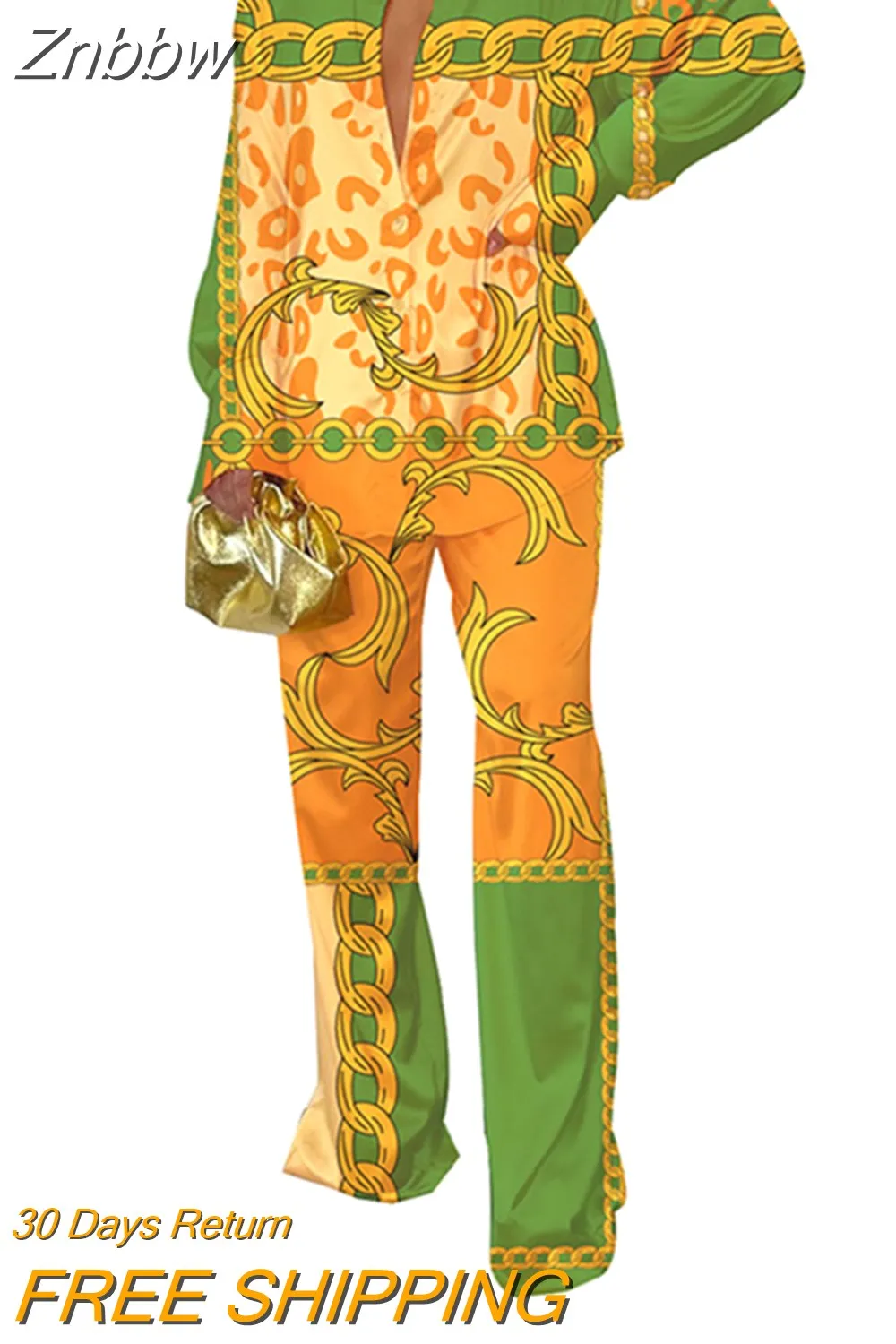 Znbbw Women Printed Long Sleeve Shirt 2 Piece Set Elegant Lapel Single-breasted Tops Suit 2023 Female Wide Leg Pants Outfits 914 - Image 5