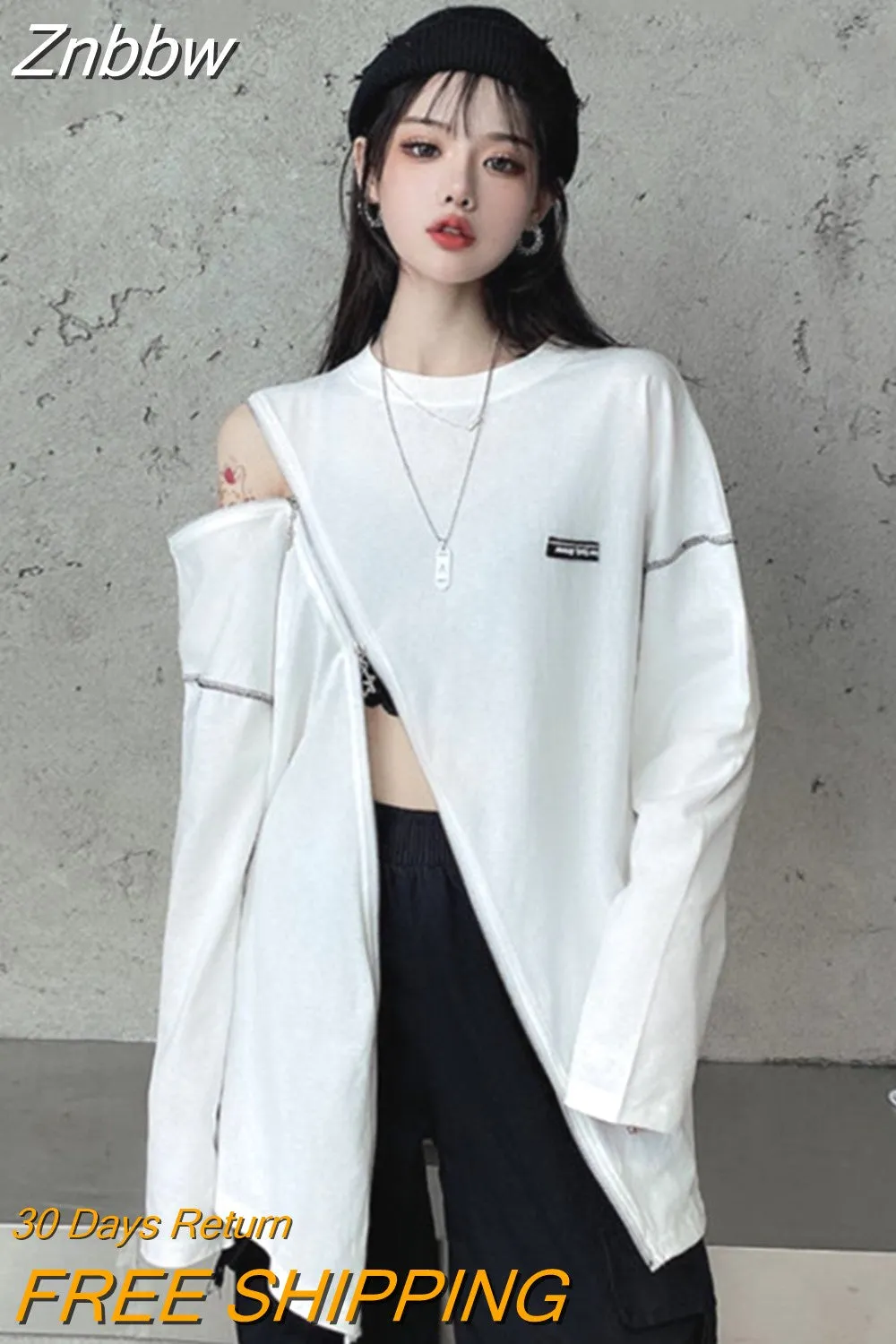 Znbbw Y2K Techwear Zip Up T Shirts Women Harajuku Punk Off Shoulder Tee Loose O-neck Long Sleeve Sexy Tops Hip Hop Streetwear