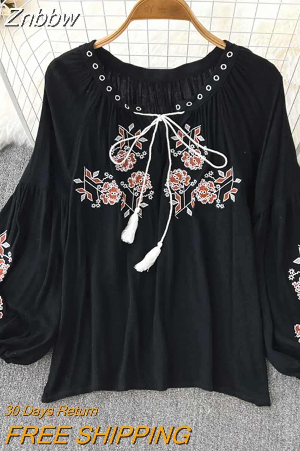 Znbbw Women's Retro Blouse National Style Embroidered Lace-Up Tassel V-Neck Lantern Sleeve Tops Loose All-Match Female Blusa G05 - Image 6