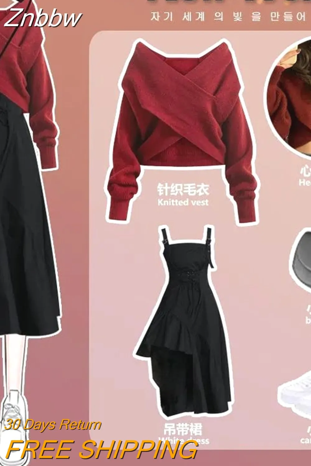 Znbbw Women's Sweet Spring Autumn Sweater Dress Suit 2023 Korean Lady Knit Sweater Dresses Set Casual Loose Outfits Two-piece Suit - Image 2