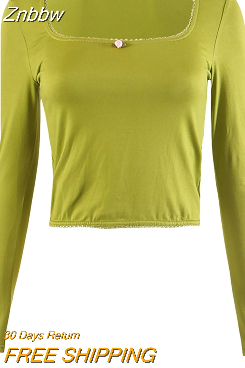 Znbbw Women Y2K Fairy Vintage Lace Trim Flower Long Sleeve Crop Tops Square Neck Solid Slim Fit T-shirts Tops 2000s Aesthetic Clothes - Image 3