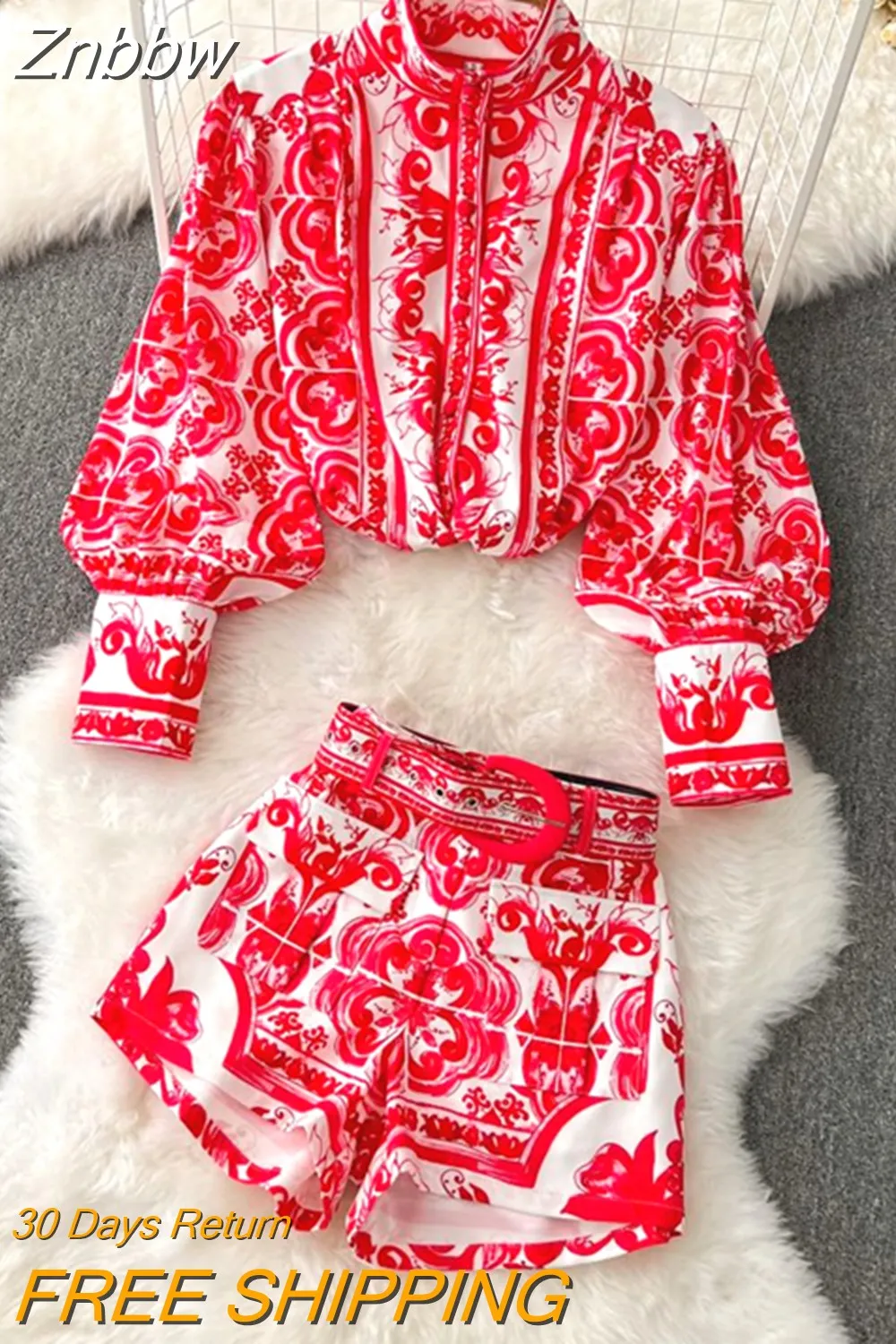 Znbbw Women Autumn Vintage 2 Piece Short Set Runway Floral Print Lantern Sleeve Blouse Shirts and Pockets Belt Shorts Suit