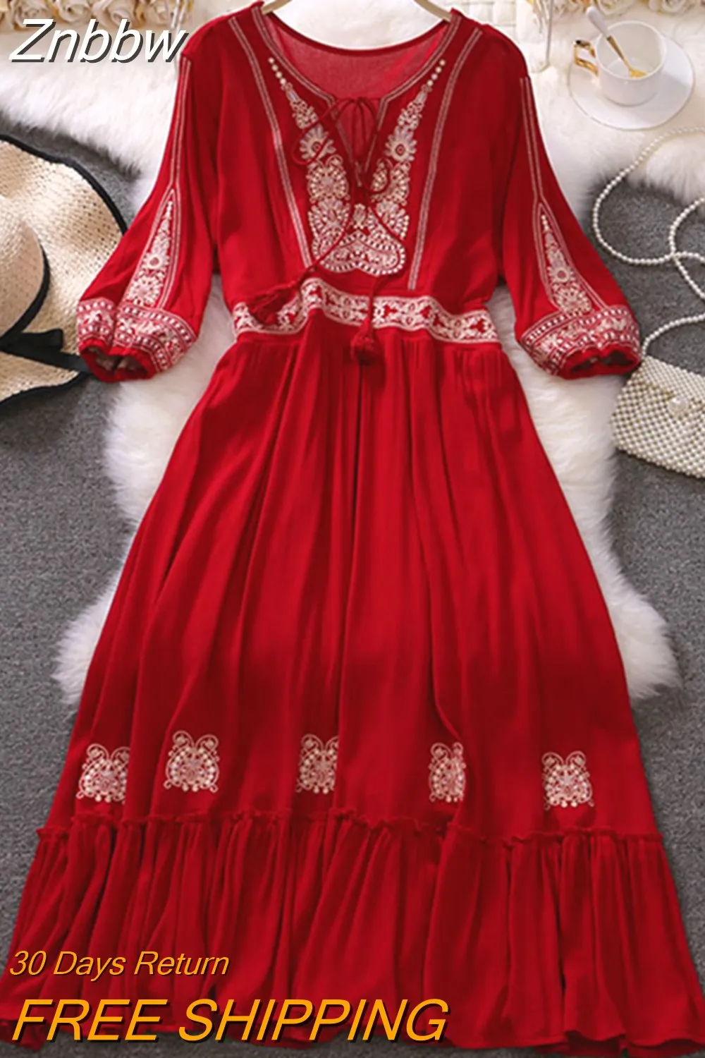 Znbbw Spring Summer Ethnic Style Waist Slim Embroidery O-neck Dress Female Red Seaside Holiday Bohemian Dress Women GD699