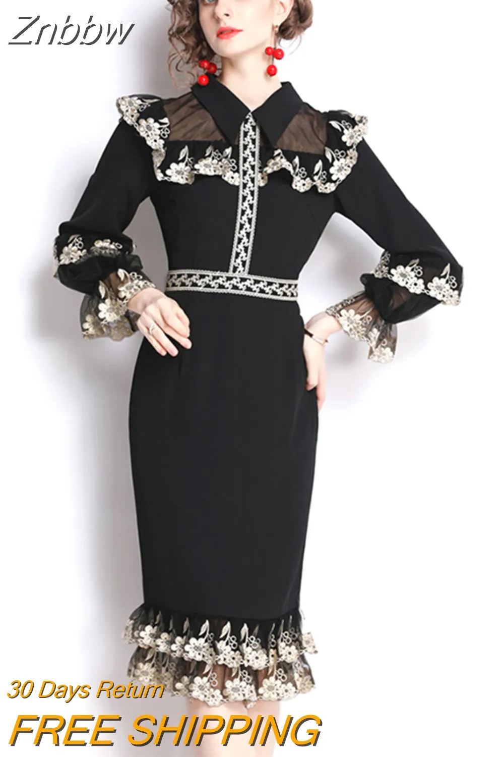 Znbbw 2023 Autumn Fashion Runway Mermaid Dress Women's Flare Sleeve Elegant Floral Embroidery Mesh Patchwork Midi Dresses Vestidos