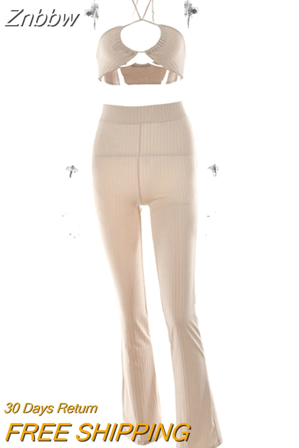 Znbbw Knit Ribbed Two Piece Set For Women Sexy Halter Corset Tank Tops And Straight Pants Sets White Hollow Out Trouser Set - Image 6