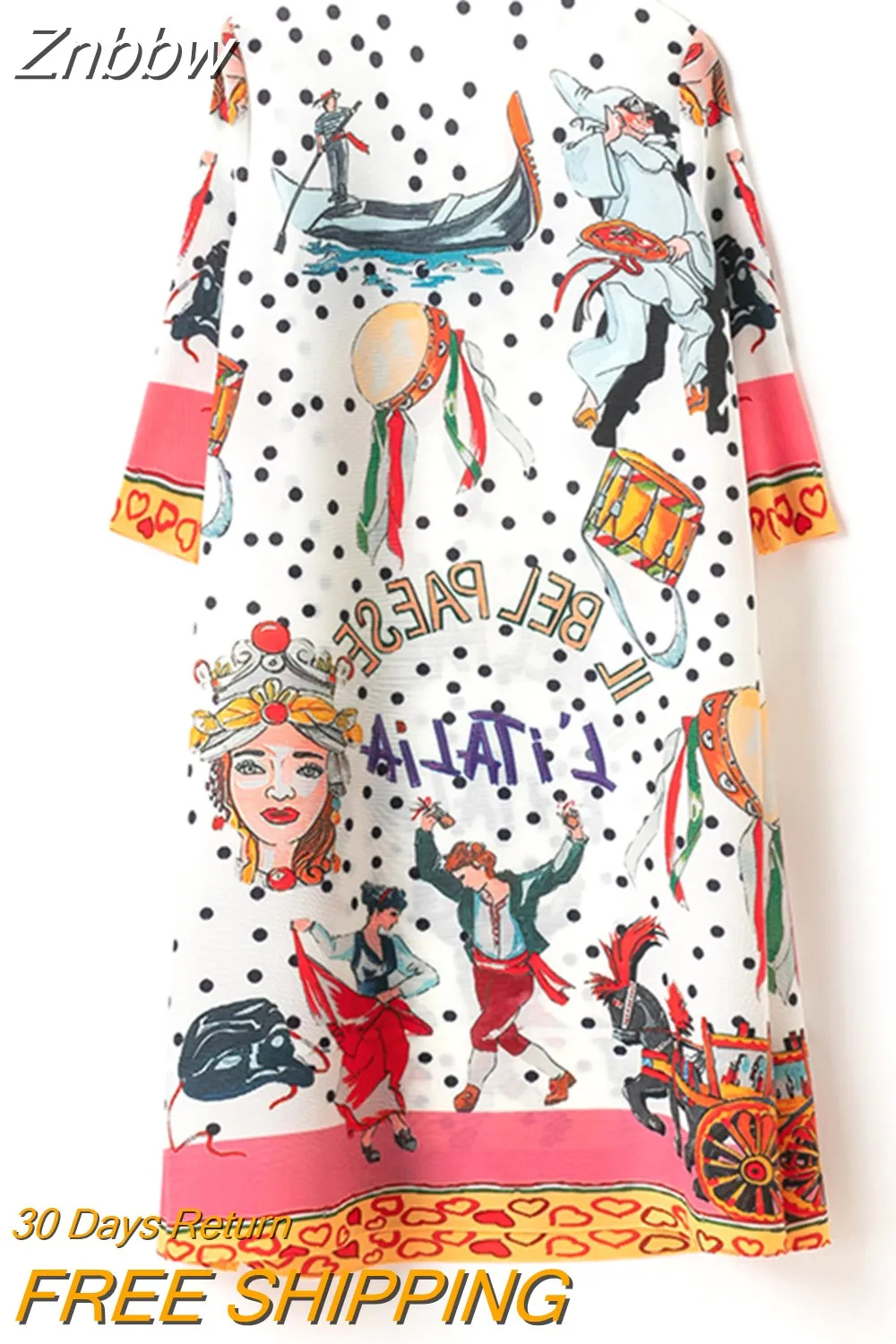 Znbbw Women Pleated Dress High Quality Stretchy Pollvers O-Neck Half Sleeve Colorblock Dot Print Beaded Diamond Casual Dress - Image 4