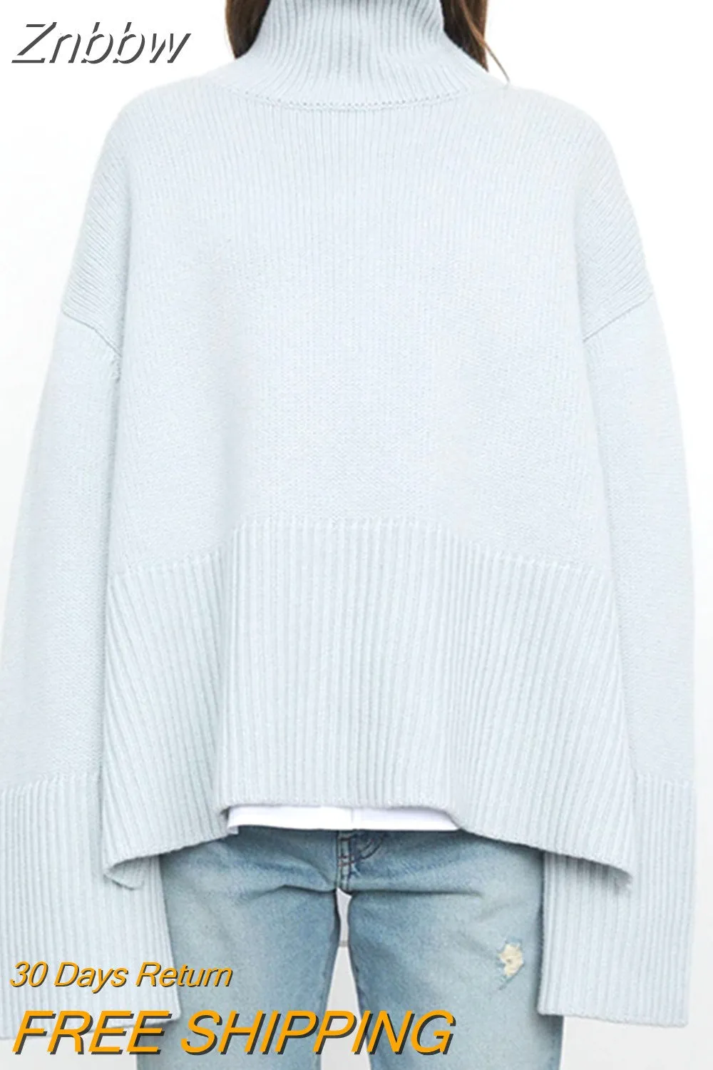 Znbbw Women Turtleneck Sweaters Striped Split Autumn Winter Long Flare Sleeve Knitted Pullover Oversized Y2K Female Knitwear Top - Image 5