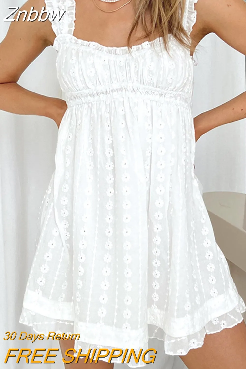 Znbbw Women Swing Fairy Princess Mini Dress Ruffle Floral Embroidery Loose Party A-line Dress for Beach Club Streetwear - Image 2