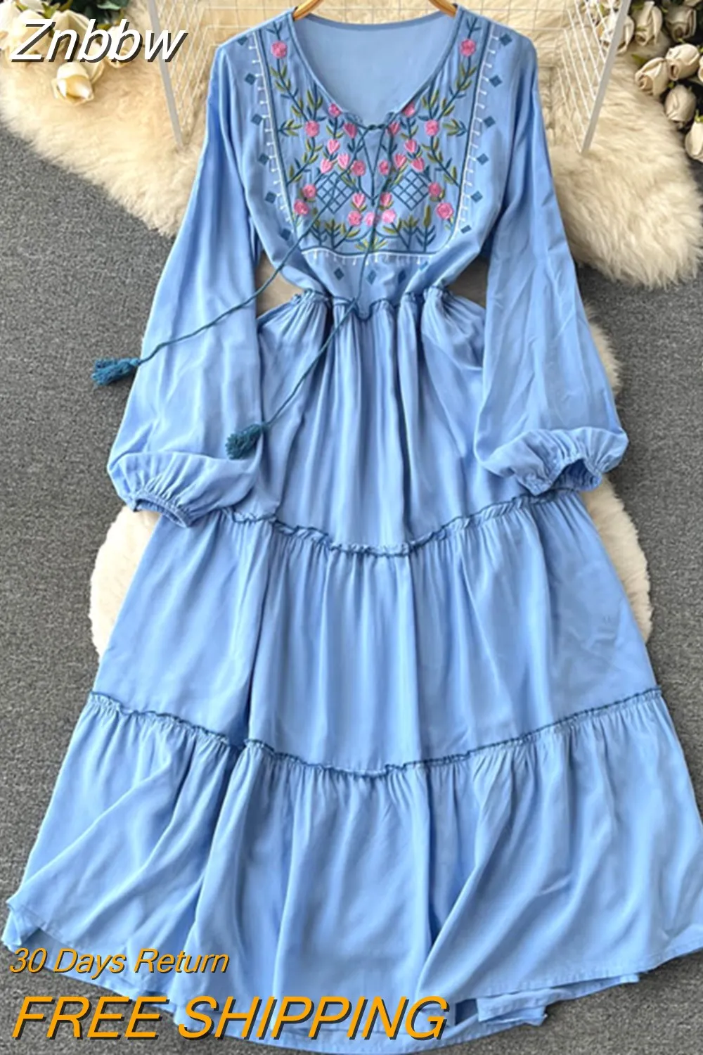 Znbbw Women Spring Autumn Dress Seaside Holiday Embroidered Round Neck French Waist Beautiful White Midit Vestidos D1693 - Image 4