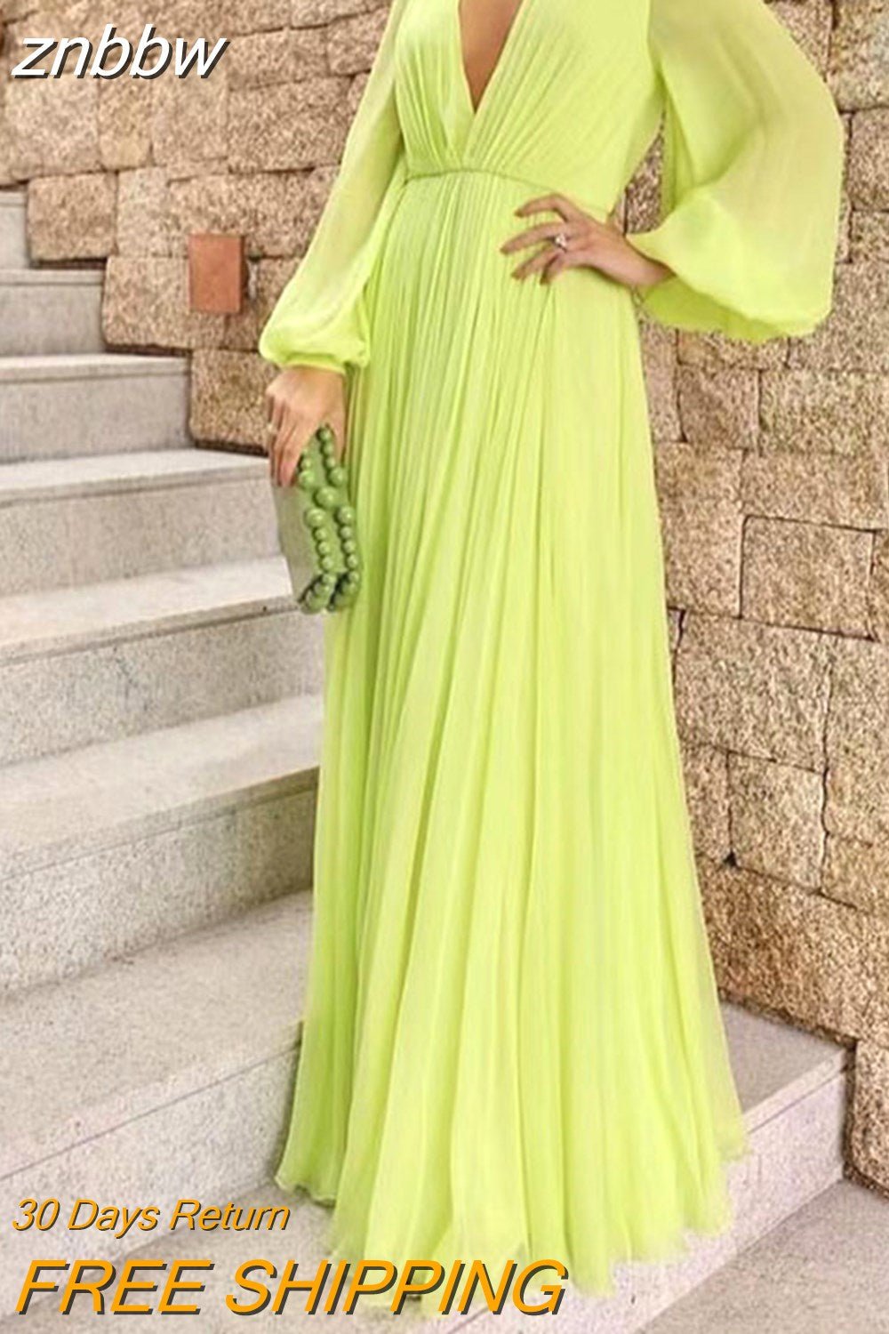 znbbw Women Sexy New Loose Dress Lady Elegant Deep-V Solid Color Draped Maxi Dress Fashion Long Sleeve Temperament Banquet Party Dress - Image 2