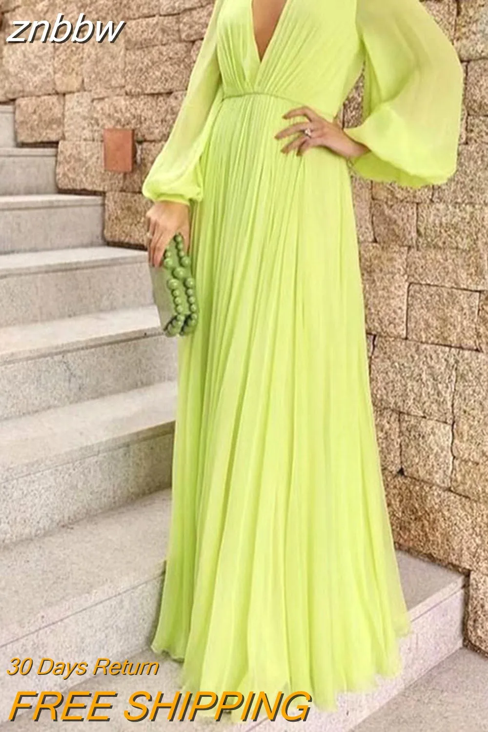 znbbw Women Sexy New Loose Dress Lady Elegant Deep-V Solid Color Draped Maxi Dress Fashion Long Sleeve Temperament Banquet Party Dress 0410 - Image 2