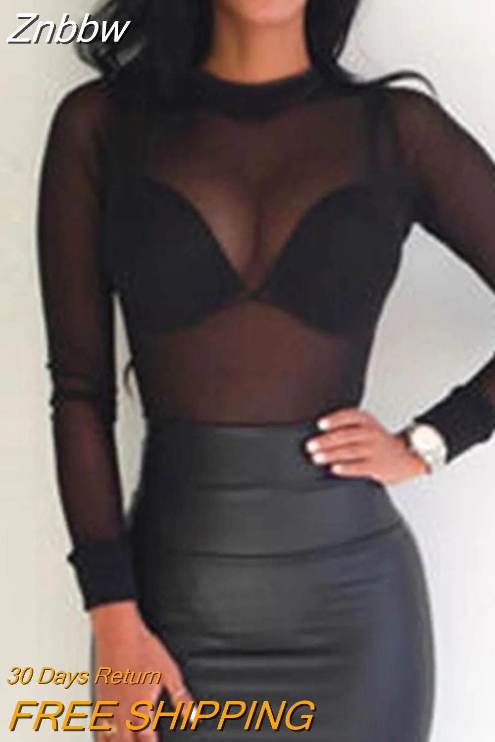 Znbbw Women T Shirt See Through Transparent Mesh Tops Long Sleeve Sheer Slim Ladies Turtleneck T-Shirt - Image 2