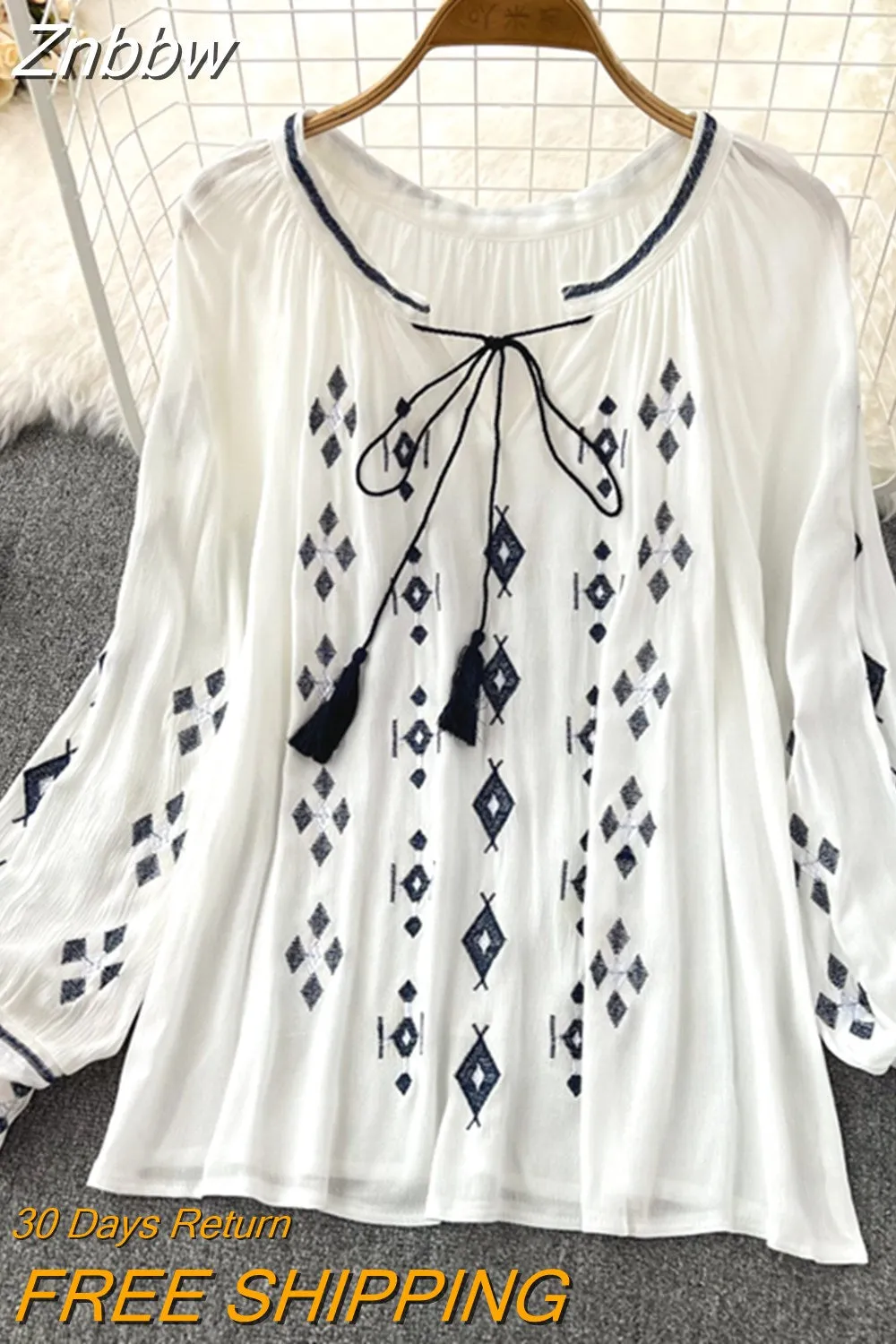 Znbbw Versatile Embroidery Shirt Women's Spring Autumn 2023New V-Neck Long Sleeve Bohemian Loose Blouse Womens Tops G06 - Image 4