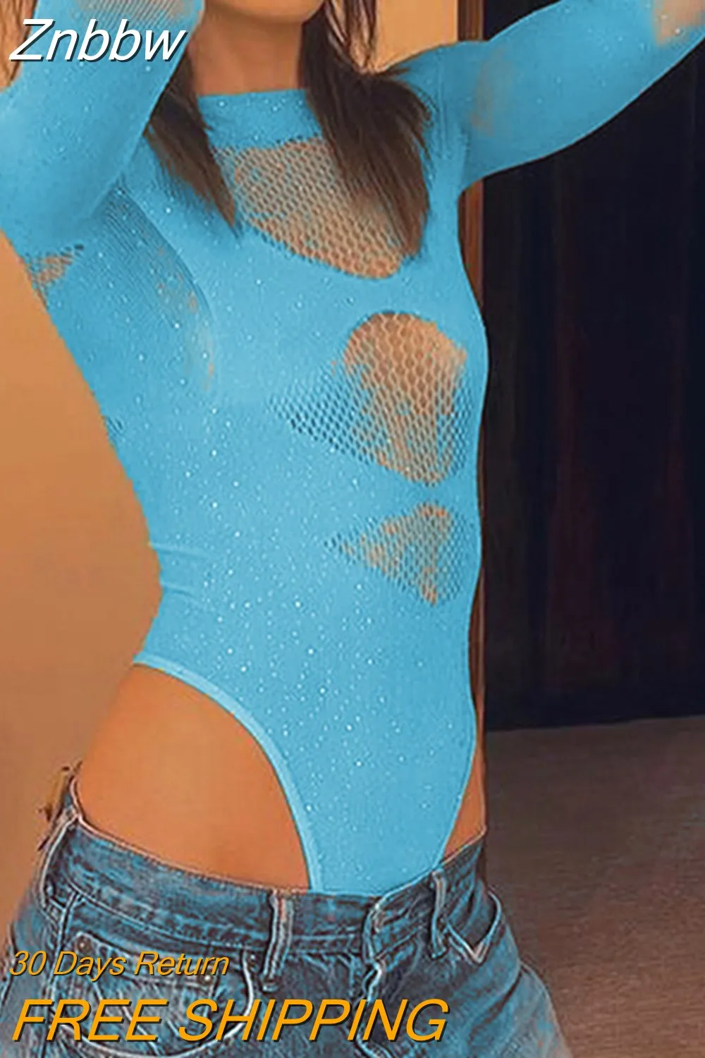 Znbbw Women??s Off Shoulder Bodysuit Shiny Rhinestone Long Sleeve Hollow Out Slim Fit Leotard Tops - Image 9