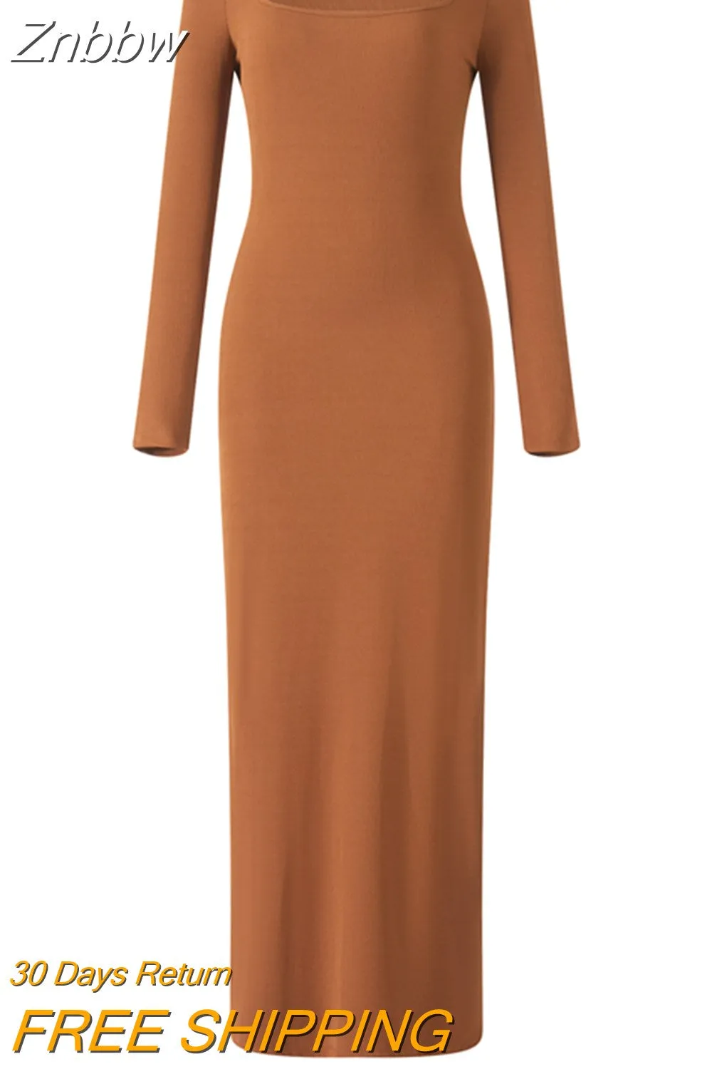 Znbbw Women Long Sleeve Square Neck Sleeve Long Bodycon Dress Knitted Low Cut Pencil Sheath Dress Stretchy Clubwear - Image 7