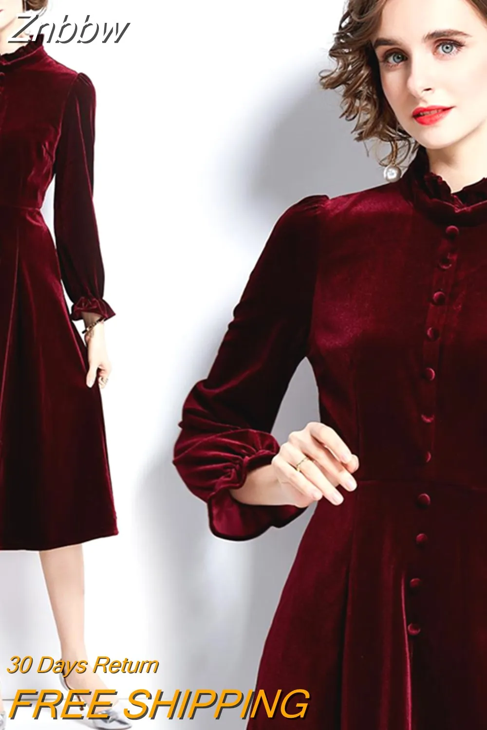 Znbbw 2023 Autumn Winter Runway Red Velvet Evening Party Dress Women Stand Collar Long Flare Sleeve Vintage Midi Dress N78818 - Image 4