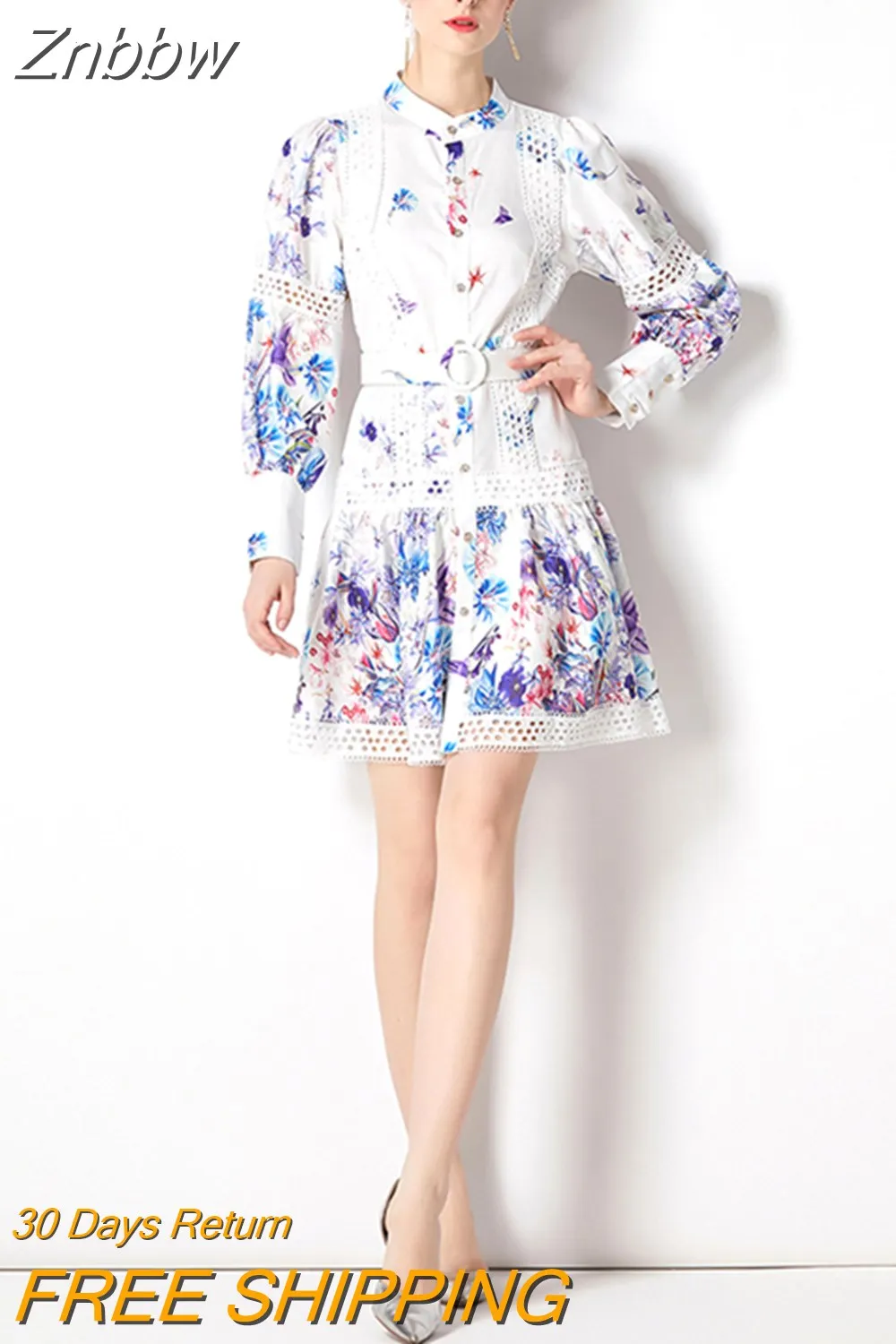 Znbbw Women Single Breasted Mini Dress Lantern Long Sleeves Sashes Boho Vintage Dress Fashion Lady OL Floral Print Lace Robe - Image 2