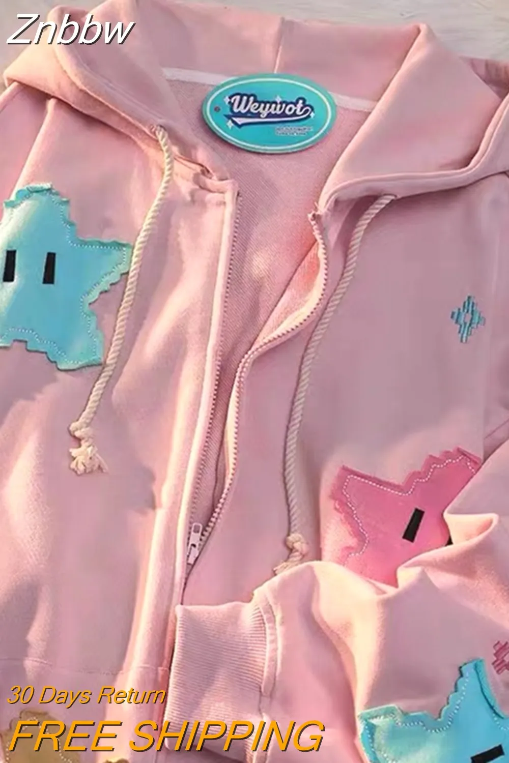 Znbbw Zip Hoodie Y2k Streetwear Loose Vintage Clothes Tops Harajuku Jacket Casual Gothic Oversized Cartoon Patchwork Top