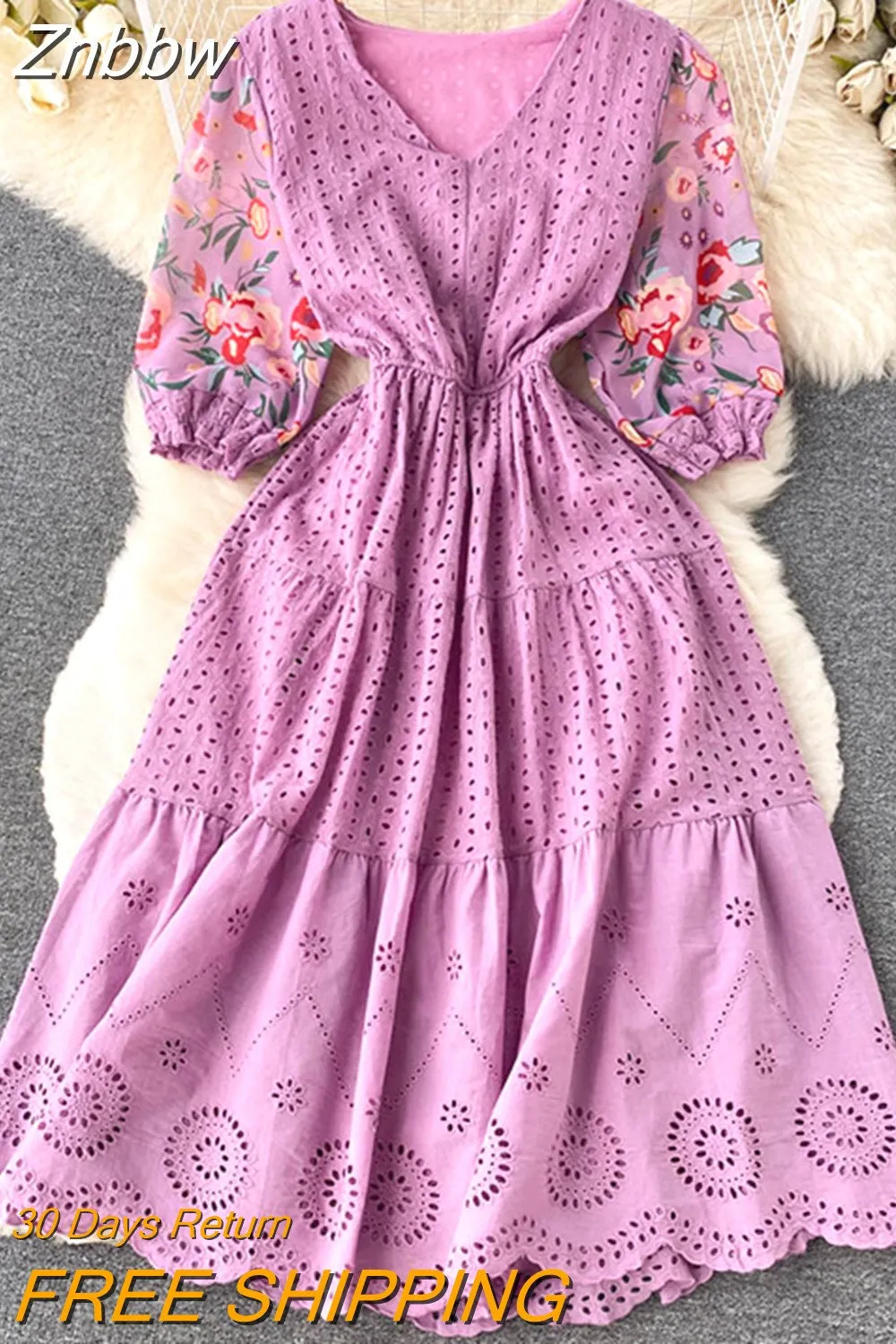 Znbbw Women Summer Dress Ethnic Printed Panel Hollow V-neck Temperament Vestidos Female Small Stature Seaside Holiday D2047 - Image 5