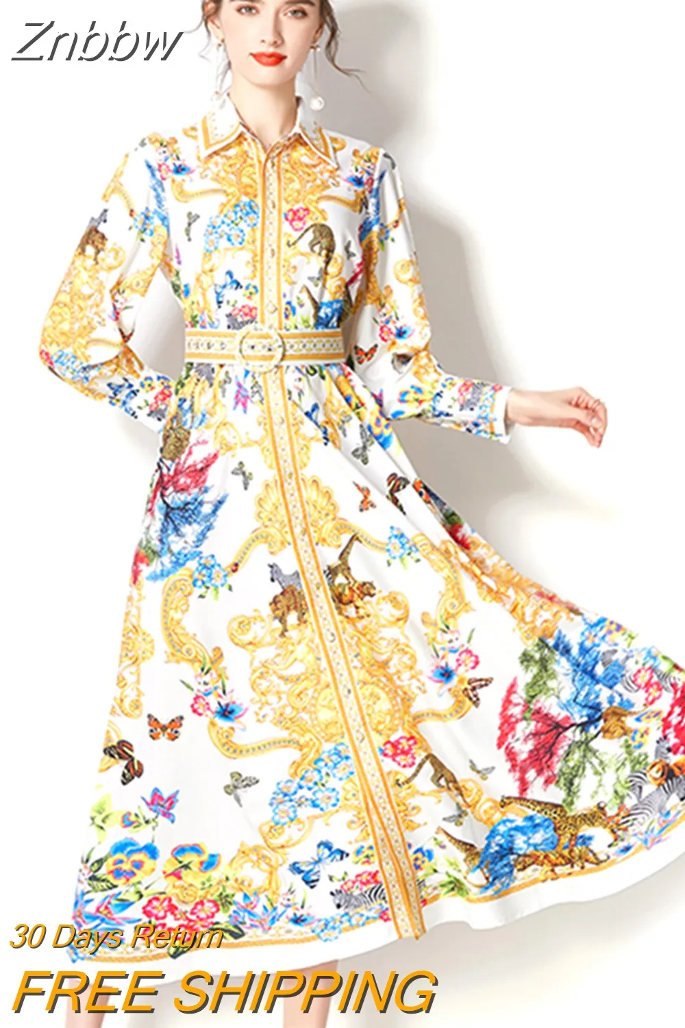 Znbbw Vintage Shirt Dress Women's Lantern Sleeve Single Breasted Belted Baroque Gold Flower Print Office Lady Work Wear Dress - Image 5