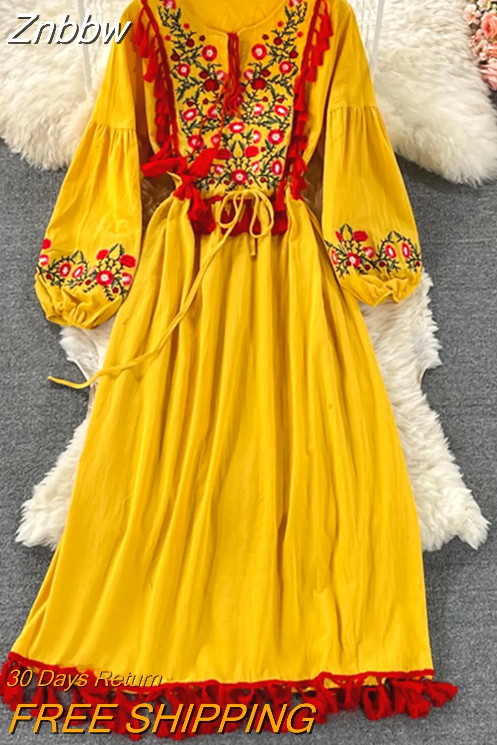 Znbbw Ethnic Style New Embroidery Tassel Lace Cotton and Linen Vestidos Female V-neck Puff Sleeve Large Midi Dress GK857