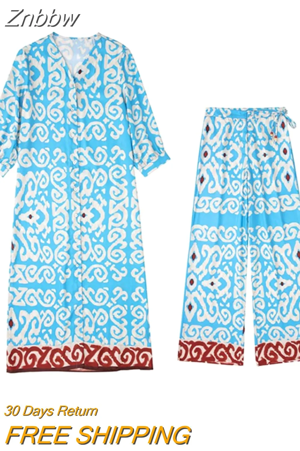 Znbbw Lady Casual Set 2023 Female Vintage Temperament V-neck Printed Tunic Midi Dress+belted High Waist Straight Wide Leg Pants - Image 6