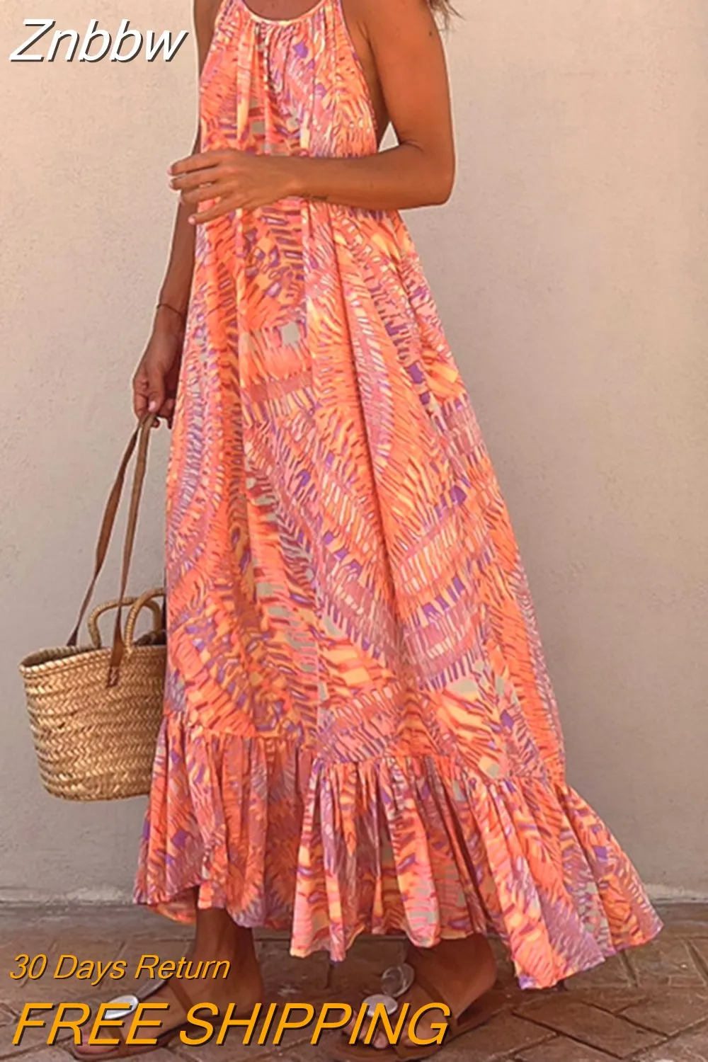 Znbbw Women's V-neck Hollow Strap Backless Beach Dress Casual High Waist Pleated Boho Dresses 2023 Elegant Printed Long Dress Vestidos - Image 2