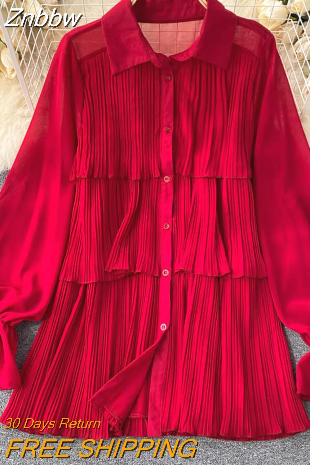 Znbbw Women's Spring Autumn Shirts New Design Niche Pleated Ruffled Mid-length Bubble Puff Sleeve Chiffon Top Female Blusa GX1044 - Image 9