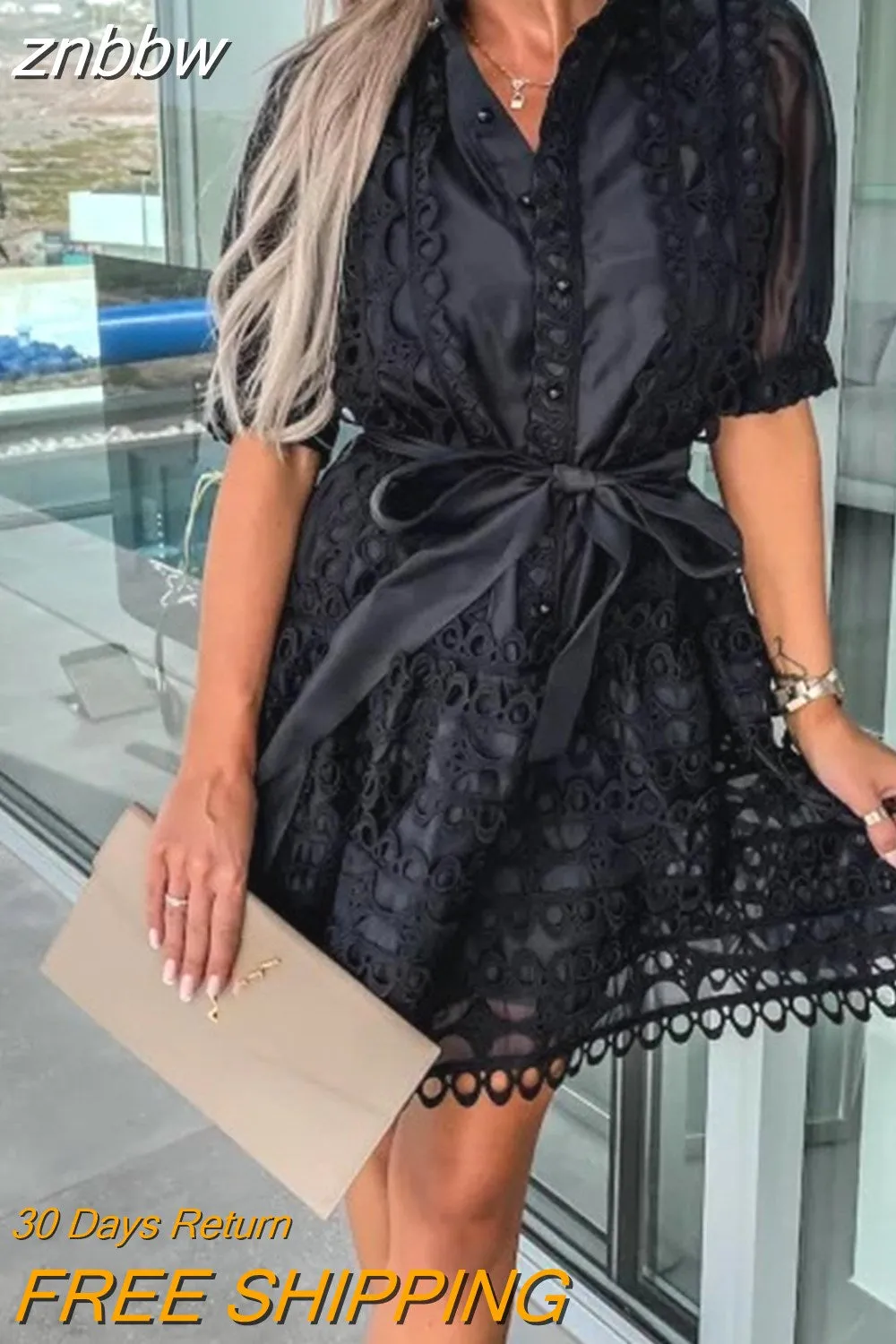 znbbw Women Hollow Out Embroidery Pattern Mini Dress Casual Retro Pearl Button Dress Fashion Ladies Lace Stitching Belted Shirt Dress - Image 2