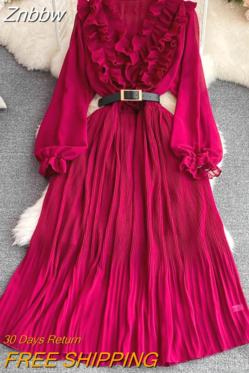 Znbbw Women Spring Autumn Dress Retro Temperament V-neck Ruffled Bubble Long-sleeved Waist Slimming A-line Pleated Dress D1892 - Image 8