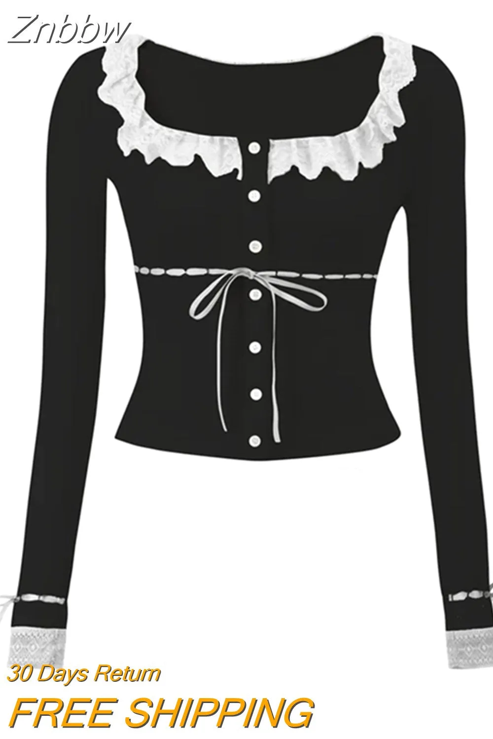 Znbbw Women's Sweet Slim Crop Tops Solid Color Lace Patchwork Long Sleeve U-Neck Front Button Tops Streetwear - Image 2