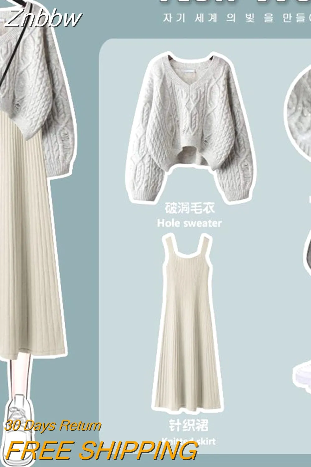 Znbbw Women's Knitted Sweater Skirt Two Piece Set Women Slim Elegant Tops Female Sweater Dress Suits Lady Knitting Outfit - Image 3