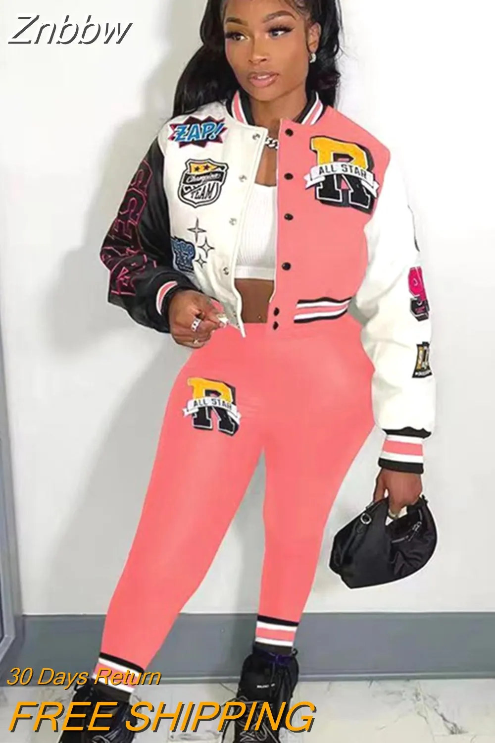 Znbbw Letter Casual Two Piece Set For Women Single Breasted Baseball Jogging Suits Full Sleeve Short Jacket Trousers Suit - Image 13