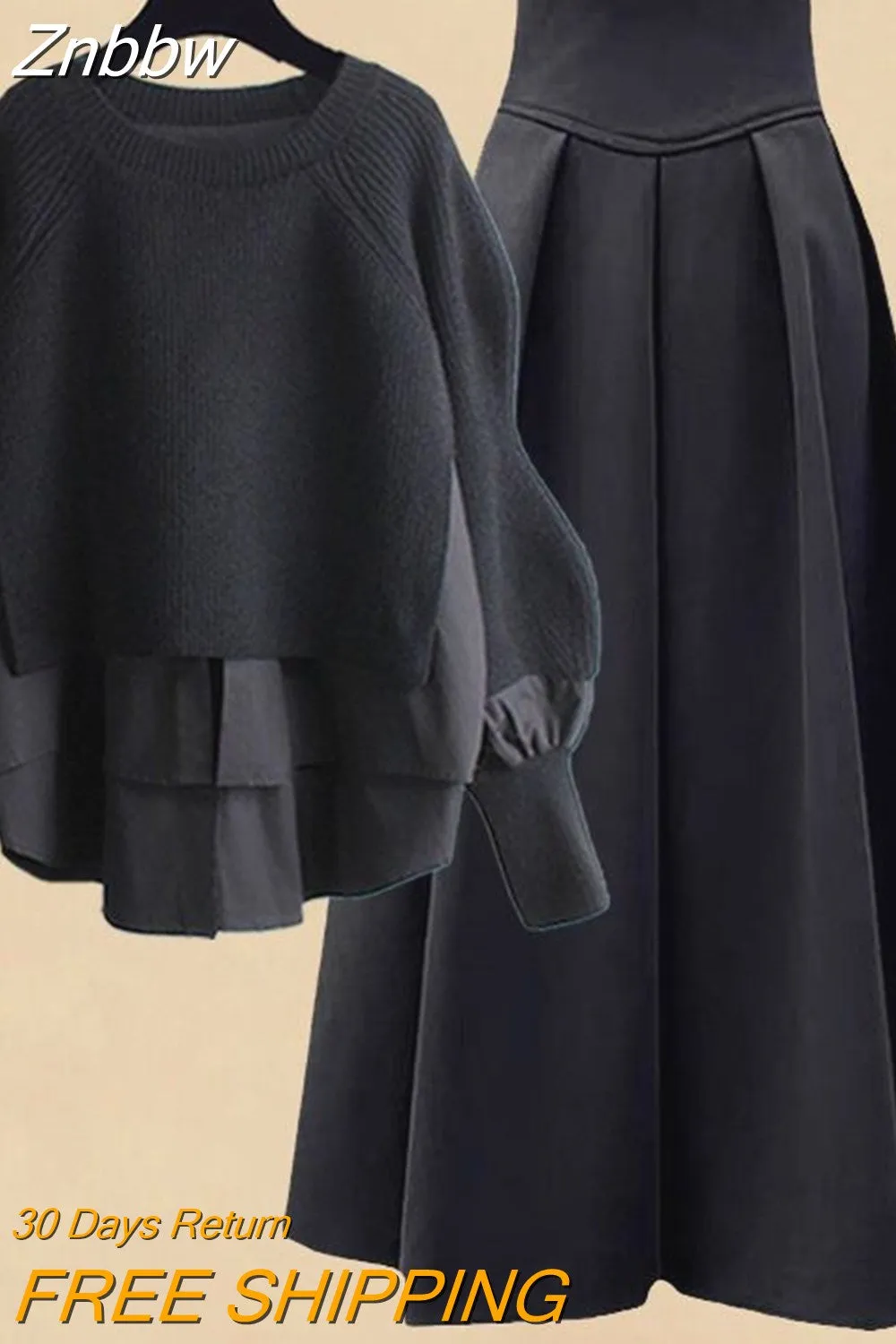 Znbbw Women Spring Autumn Two Pieces Sets Korean Long Sleeve Pullover Knitted Sweater And Pleated skirt Long Suit 0410 - Image 2