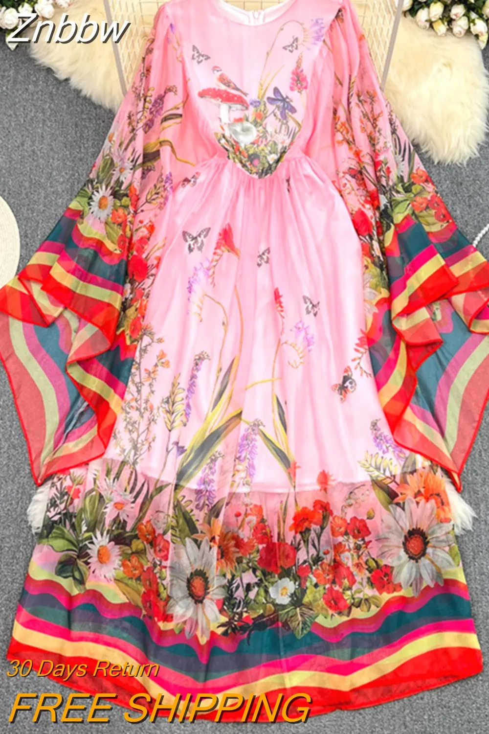 Znbbw Dress Women Batwing Sleeve Blue and White Porcelain Printing Bohemian Vacation Fashion Designer Summer Dresses Faldas 2023 - Image 5