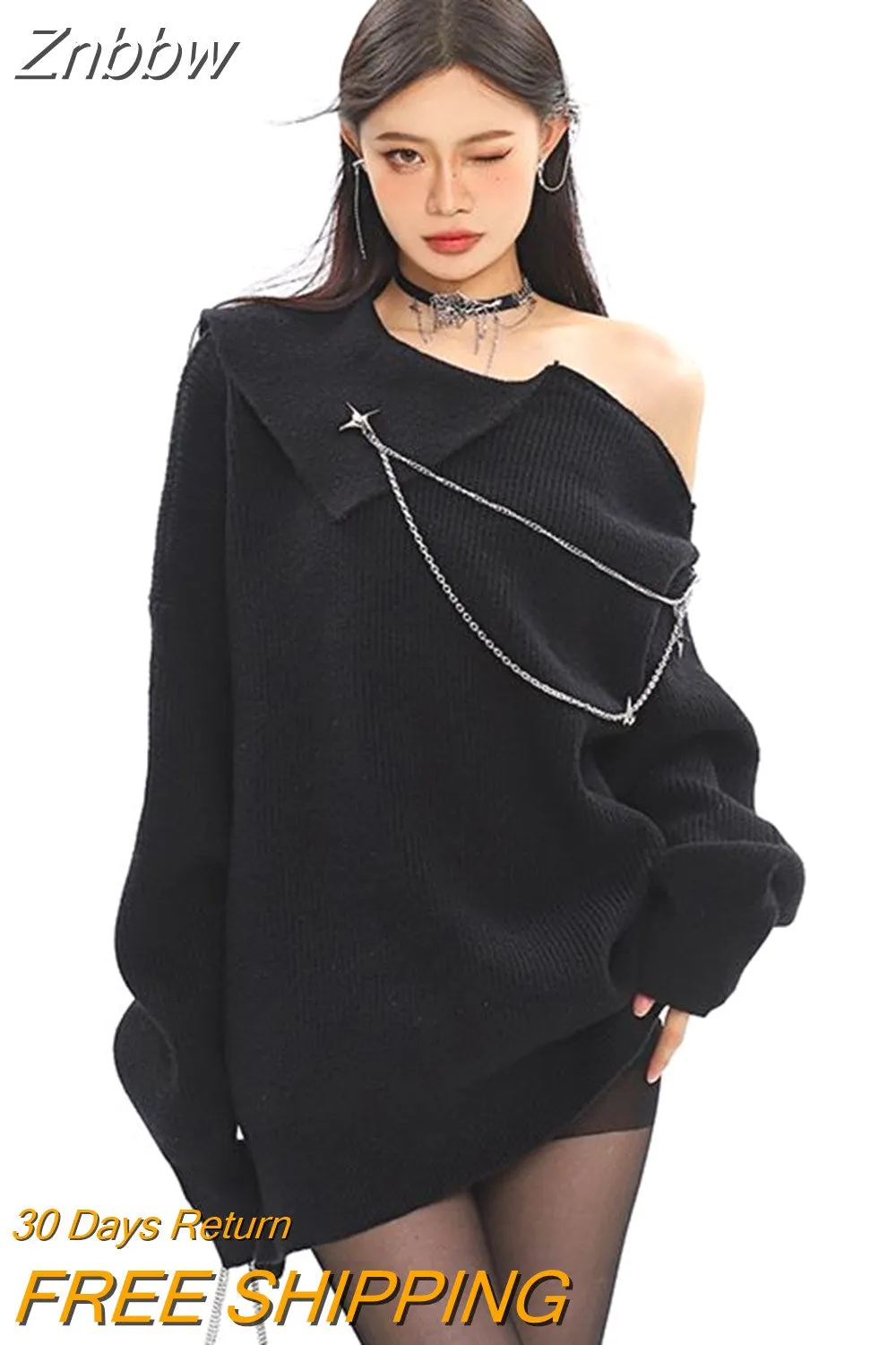 Znbbw Y2K Gothic Oversized Sweater Women Punk Grunge Zipper Knitted Jumper Sexy Loose Casual Off Shoulder Chic Pullover Tops - Image 2