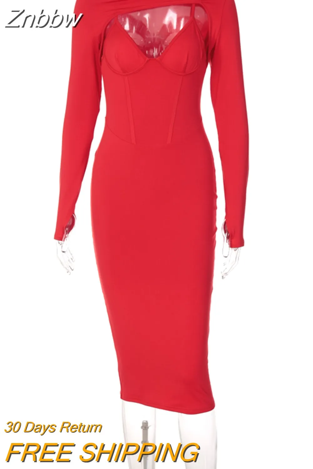 Znbbw Hollow Out Corset Women Fashion Autumn Winter Long Sleeve Bodycon Party Club Red Pencil Sexy Midi Dress 2023 Clothes - Image 4