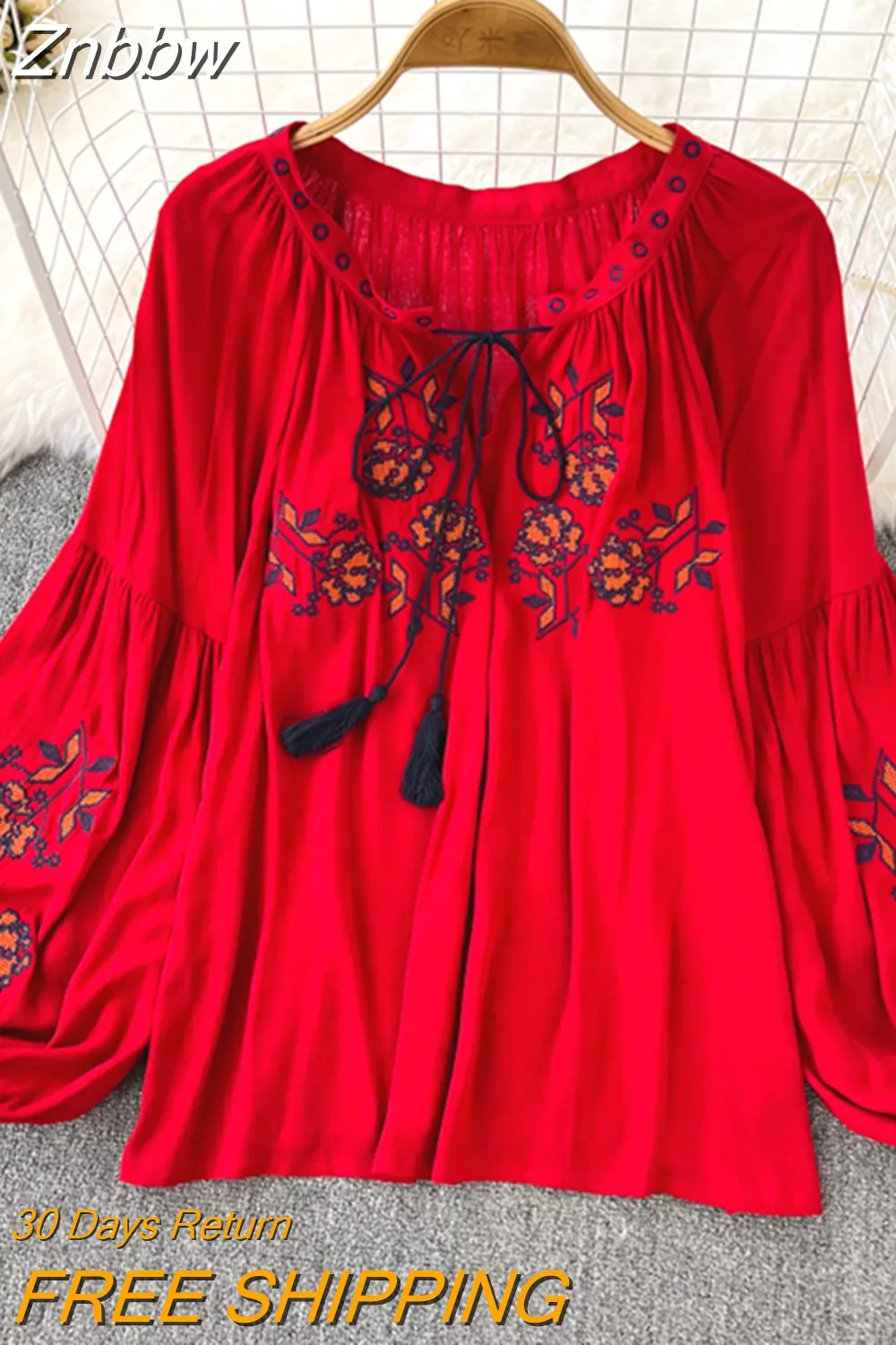 Znbbw Women's Retro Blouse National Style Embroidered Lace-Up Tassel V-Neck Lantern Sleeve Tops Loose All-Match Female Blusa G05 - Image 8